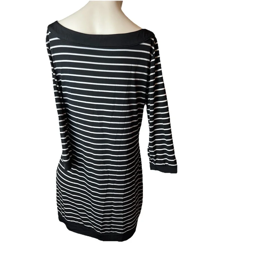 White House Black Market Tunic Dress L Black White Stripes Boat Coastal 3/4 Slv